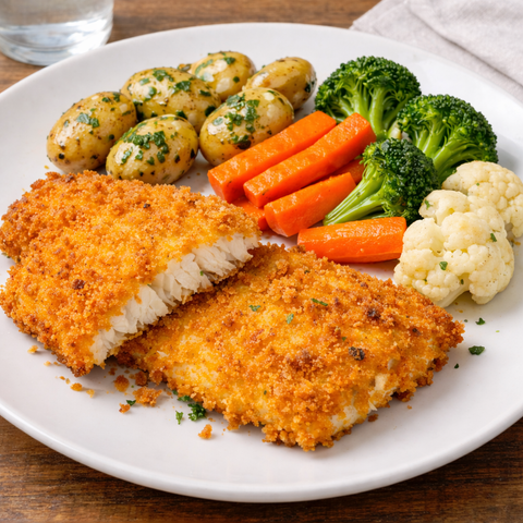 Crumbed Fish with Vegetables