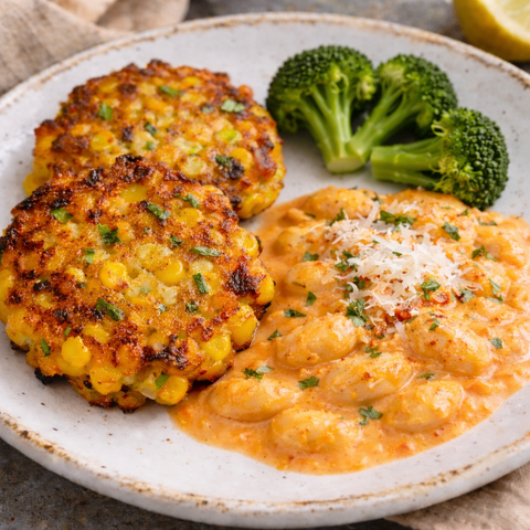 Corn Fritters & Creamy Garlic Parmesan Butter Beans