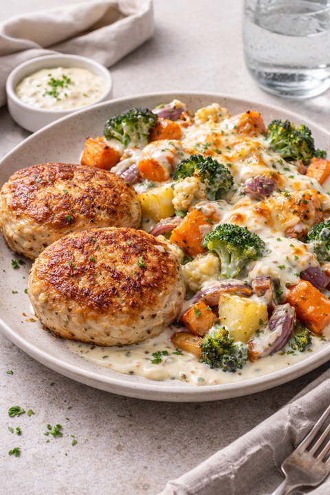 Chicken Patties with a Veggie Bake