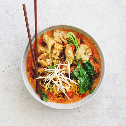 Red Curry Soup with Chicken & Prawn Dumplings